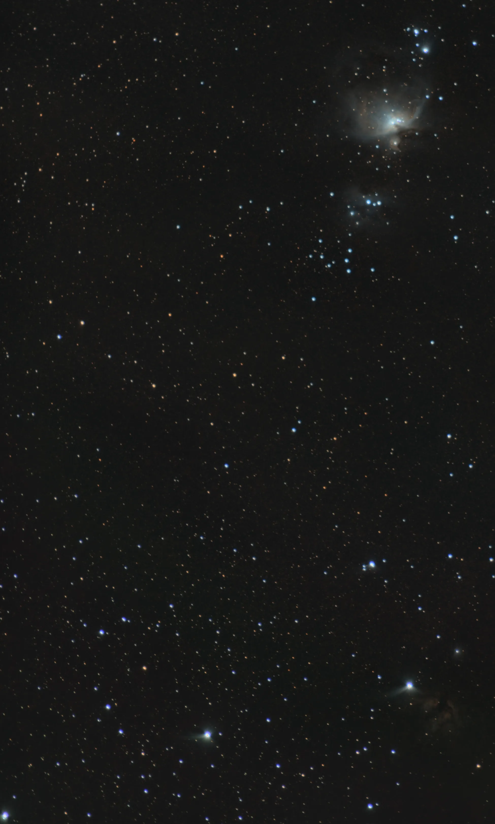 Deep-sky astrophotograph of the Orion Nebula and surrounding star field taken from the Himalayas
